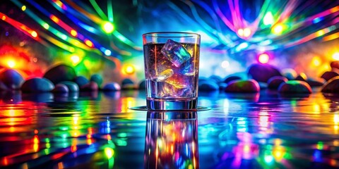 A Refreshing Drink in a Glass with Ice Cubes, Illuminated by Vibrant Rainbow Lights Reflected on a Polished Surface