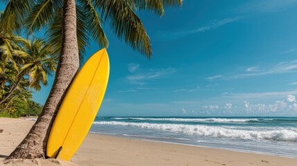 Bright yellow surfboard propped against a leaning palm tree trunk, resting on a sandy beach with white waves crashing rhythmically under a vivid summer sun in a tropical paradise scene