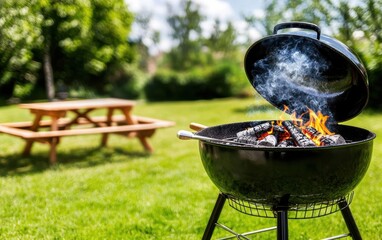 Charcoal barbecue grill with glowing embers smoldering in a backyard, a wooden picnic table nearby, smoke curling upward under a clear summer sky, primed for a cookout moment