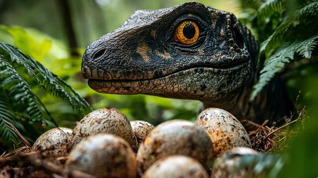 This video features a dinosaur closely watching over its eggs in a natural setting. Perfect for projects related to prehistoric life and wildlife education. Generative AI