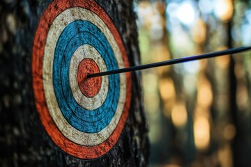 Arrow hitting the bullseye of a rustic target fixed to a tree trunk. Illustrates achieving goals, precision, and success in business or life.