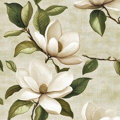 Elegant creamy white magnolia blossoms and green leaves on a linen background.