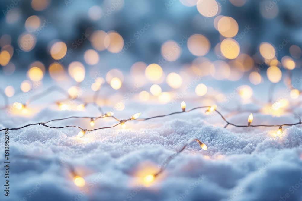 Poster String lights on snow with bokeh lights in the background.