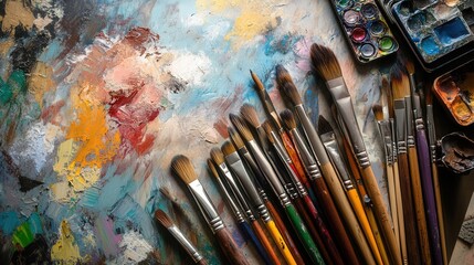 Fototapeta premium Creative tools scattered across an artistic workspace with brushes, colors, and digital devices enhancing the artistic process