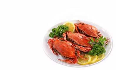 Fresh sea crab with vegetables and lemon garnish on a white plate placed on a white background.