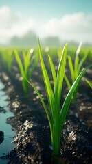 Obraz premium Lush green rice plants emerging from moist soil, basking in soft sunlight, showcasing agricultural growth and vitality.