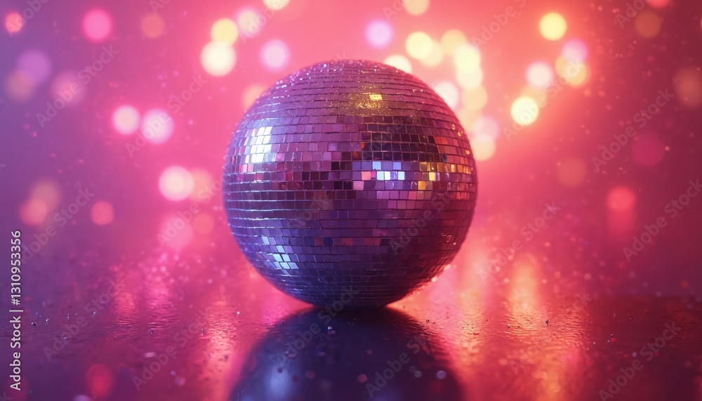 Poster shiny disco ball reflects light with pink bokeh background. mirrored sphere glows with vibrant light