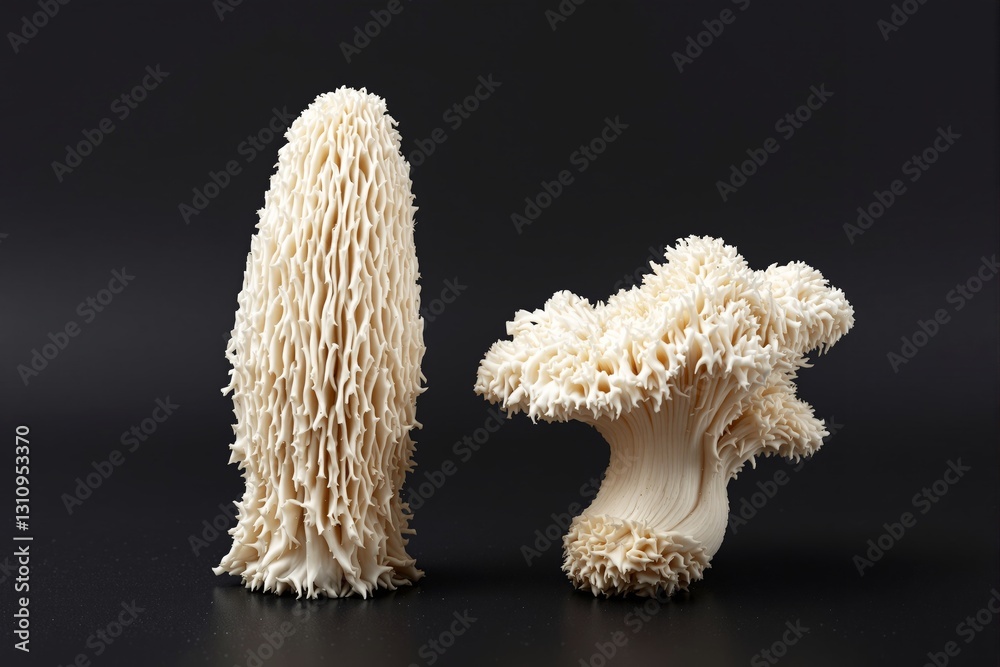 Poster unique white mushrooms with intricate textures against a black background.