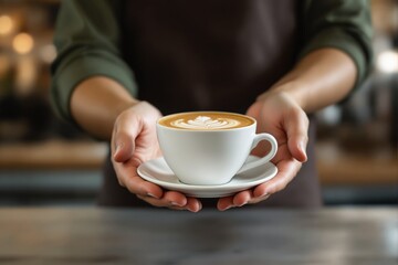 Barista holding a cup of latte with latte art.