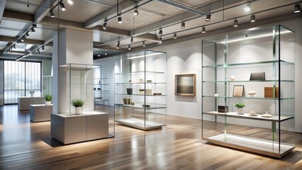 Fototapeta premium Modern minimalist gallery showcasing curated artifacts within sleek glass display cases on polished hardwood floors