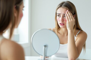 Fototapeta premium Young woman examining her face in a mirror, looking concerned, seated indoors.