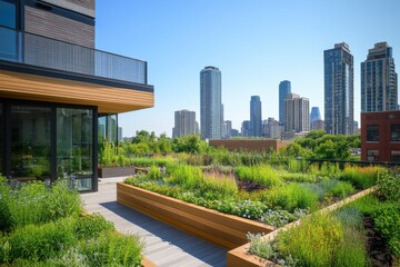 Urban rooftop garden with city skyline view. Showcases sustainable building design and green spaces in modern cityscapes.