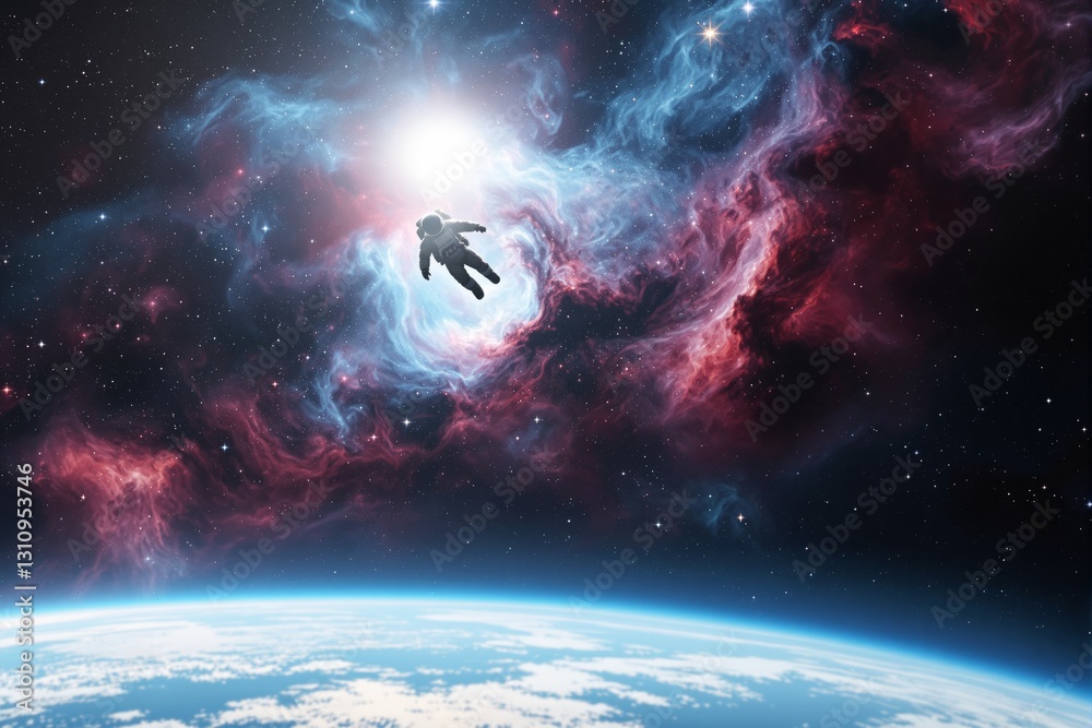 Poster Astronaut floating in space with colorful nebula.