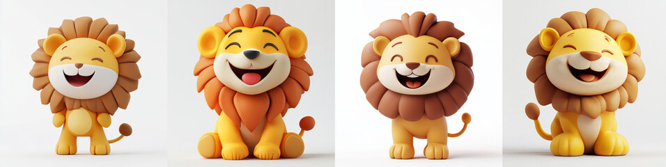 Cute cartoon lions with cheerful expressions on white background
