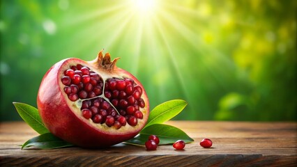 A vibrant half-pomegranate rests on a rustic wooden surface, adorned with lush green leaves, bathed in the warm glow of sunlight filtering through a blurred verdant backdrop