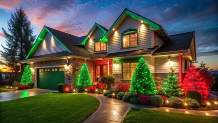 Obraz premium A Festive Residence Adorned with Cheerful Holiday Illumination, Showcasing a Dazzling Display of Twinkling Lights and Ornamental Evergreens during the Evening Twilight