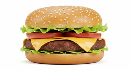 Isolated on a white background, a delicious-looking burger with visible layers and textures, showcasing the classic ingredients