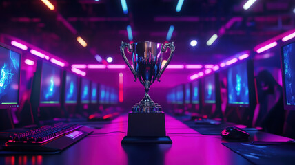 Championship trophy in esports gaming arena with neon lights, computers, and monitors displaying competitive gameplay.