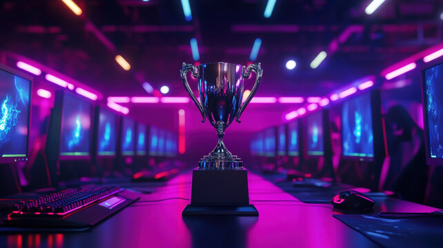 Championship trophy in esports gaming arena with neon lights, computers, and monitors displaying competitive gameplay. - Powered by Adobe