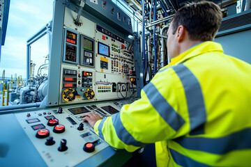 Fototapeta premium Worker at Control Panel in Industry