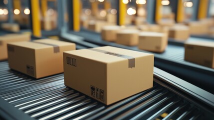 A conveyor belt transports cardboard boxes in a modern warehouse setting, showcasing efficient package handling and logistics operations.