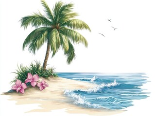 Tropical Island Scene, Calm Waves, Lush Palm, Peaceful Beach
