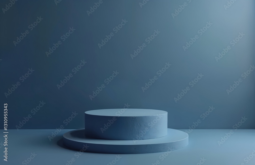 Poster blue cylindrical pedestal against blue background. minimal simple scene with round platform for prod