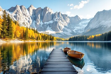 Obraz premium Mountain lake with wooden boats on a dock.
