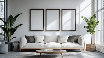 Modern living room with a sofa and dining table, mock-up poster frames on the wall, interior design of a modern home entryway, minimalist style, white walls, neutral tones, 