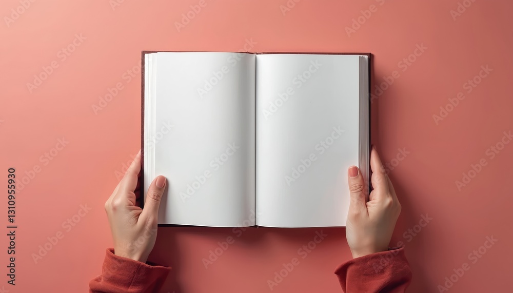 Poster hands hold open book with blank white pages on pink background. red sweater sleeve. empty mockup tem