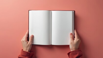 Hands hold open book with blank white pages on pink background. Red sweater sleeve. Empty mockup template, paper texture, novel cover. Write story or poetry, great design background.