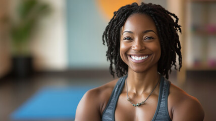 Beautiful African American Woman Smiling After Yoga Class Wellness Fitness Instructor Healthy Lifestyle Portrait