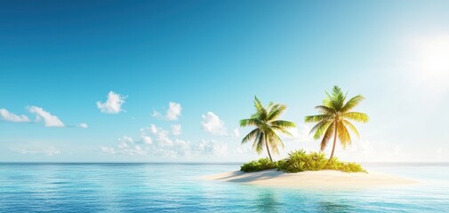 Tropical island with palms, surrounded by a lagoon and sky, basking in a summer moment