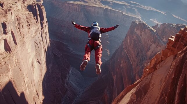 Extreme sports: The daring leap of a base jumper amidst towering cliffs