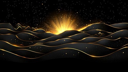 Golden Light Burst over Black Wavy Landscape  Abstract Background  PNG