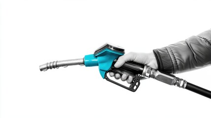 Hand pumping gas fuel Over white Studio Background.