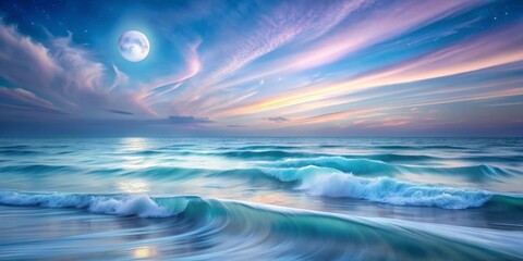 Serene ocean waves gently rolling onto the shore under a breathtaking full moon and pastel sunset sky, a captivating night seascape
