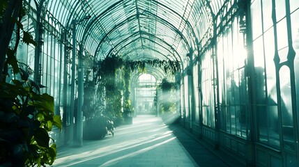 Serene Glasshouse Interior with Lush Green Plants and Sunlight