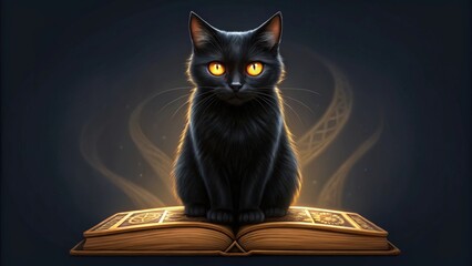 Black cat sitting on an open book with magical glow