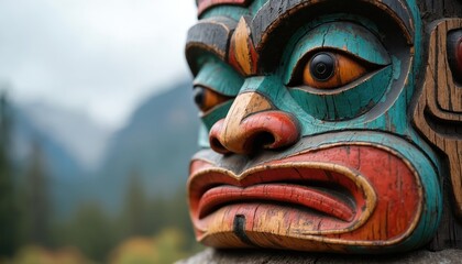 Close-up of indigenous tribal totem pole with colored face mask. Native American traditional wooden sculpture on mountain landscape background. National Day for Truth and Reconciliation concept.
