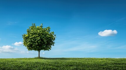 Obraz premium Lush Green Tree Under Bright Blue Sky with Fluffy Clouds
