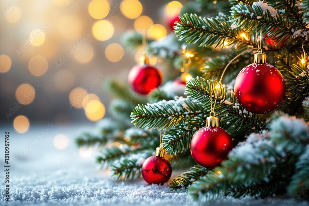 Poster festive christmas tree with red ornaments and snow.