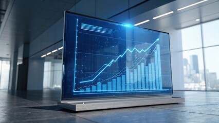 Market Momentum: Digital display showcasing an upward trend in market growth, with vibrant lines and bar graphs, against a modern business setting.