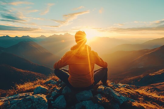 Man meditates sunset mountain peak