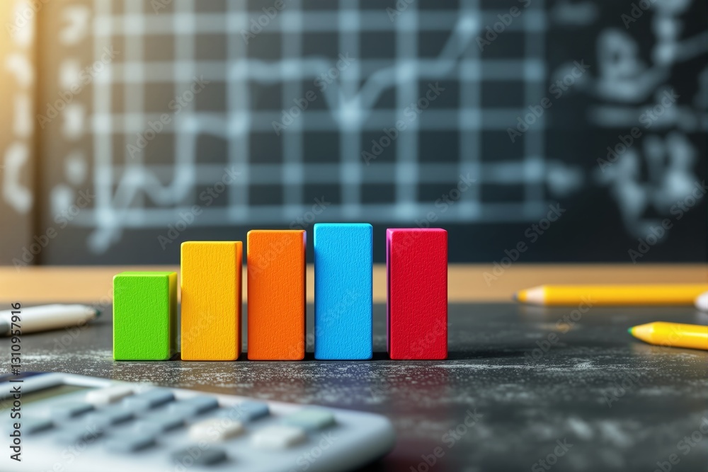 Poster Colorful blocks representing a bar graph on a chalkboard background, with a calculator and pencils nearby.