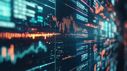A digital data visualization displaying graphs and metrics, showcasing trends and fluctuations in an engaging, high-tech format.