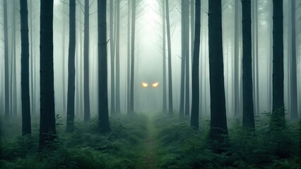 Fototapeta premium a mystical creature with glowing eyes peering out from a foggy forest. A mysterious and eerie scene with tall trees and a pathway disappearing into the mist