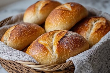 Golden-brown artisan bread rolls in a wicker basket. Perfect for bakery, food blog, or culinary websites.