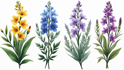 Obraz premium Set of colorful wild flowers on transparent background. Yellow, blue, purple floral bouquets with green leaves. Watercolor botanical illustration. Design elements for invitations, greeting cards,