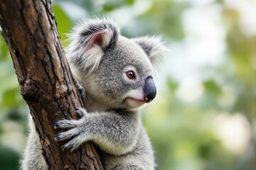 Fototapeta premium Koala clinging to a tree branch.